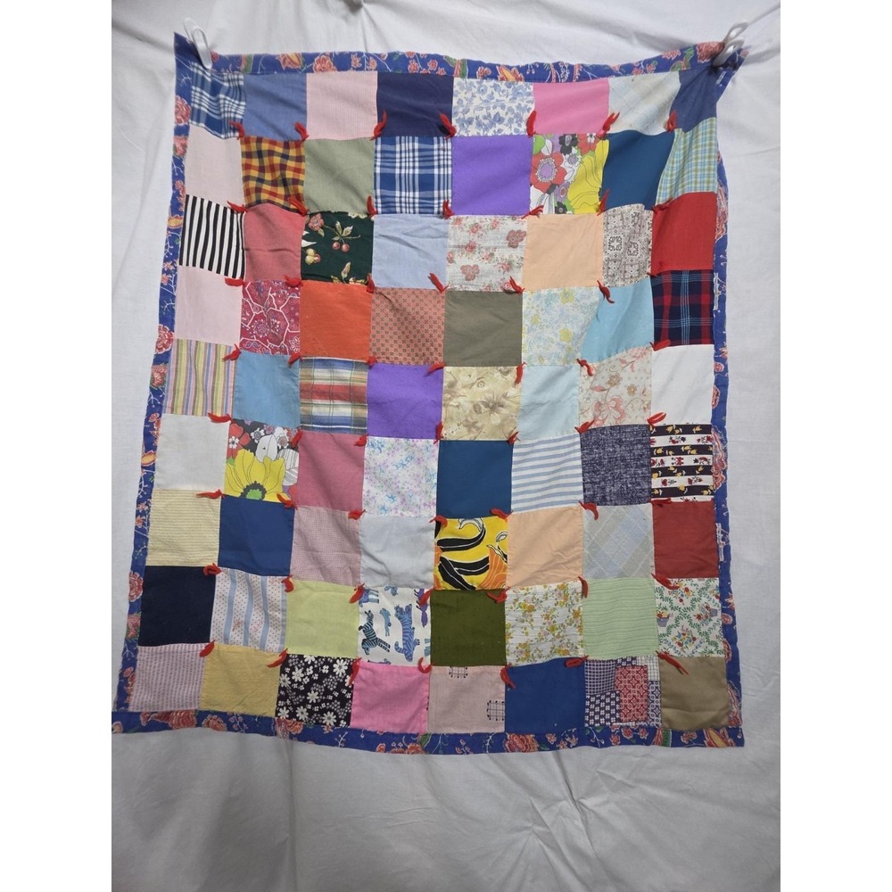 Vintage Handmade Patchwork Tied Quilt 47x40 Cotton Poly Scrap Fabric Folk Art